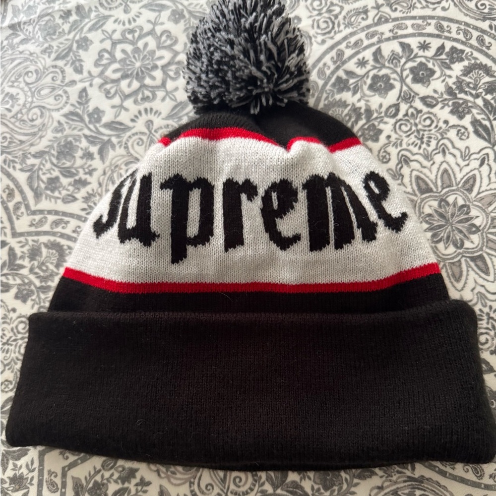 Supreme Black and White Knit Hat with Pom-Pom